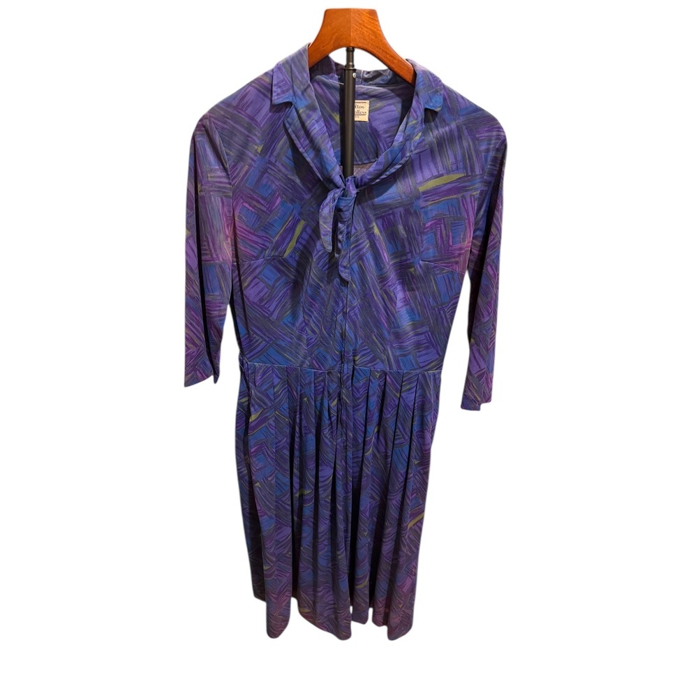Vtg Shelton Stroller 18 1/2‎ Purple Geometric Print Tie Neck Midi Dress fits L